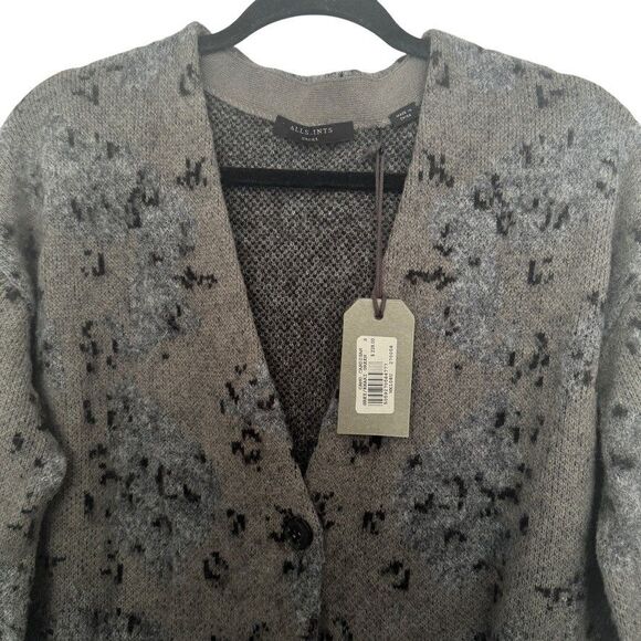 ALLSAINTS Women's Sz SMALL Grey Black Patterned V-Neck Wool Blend Cardigan $228 - Picture 4 of 10